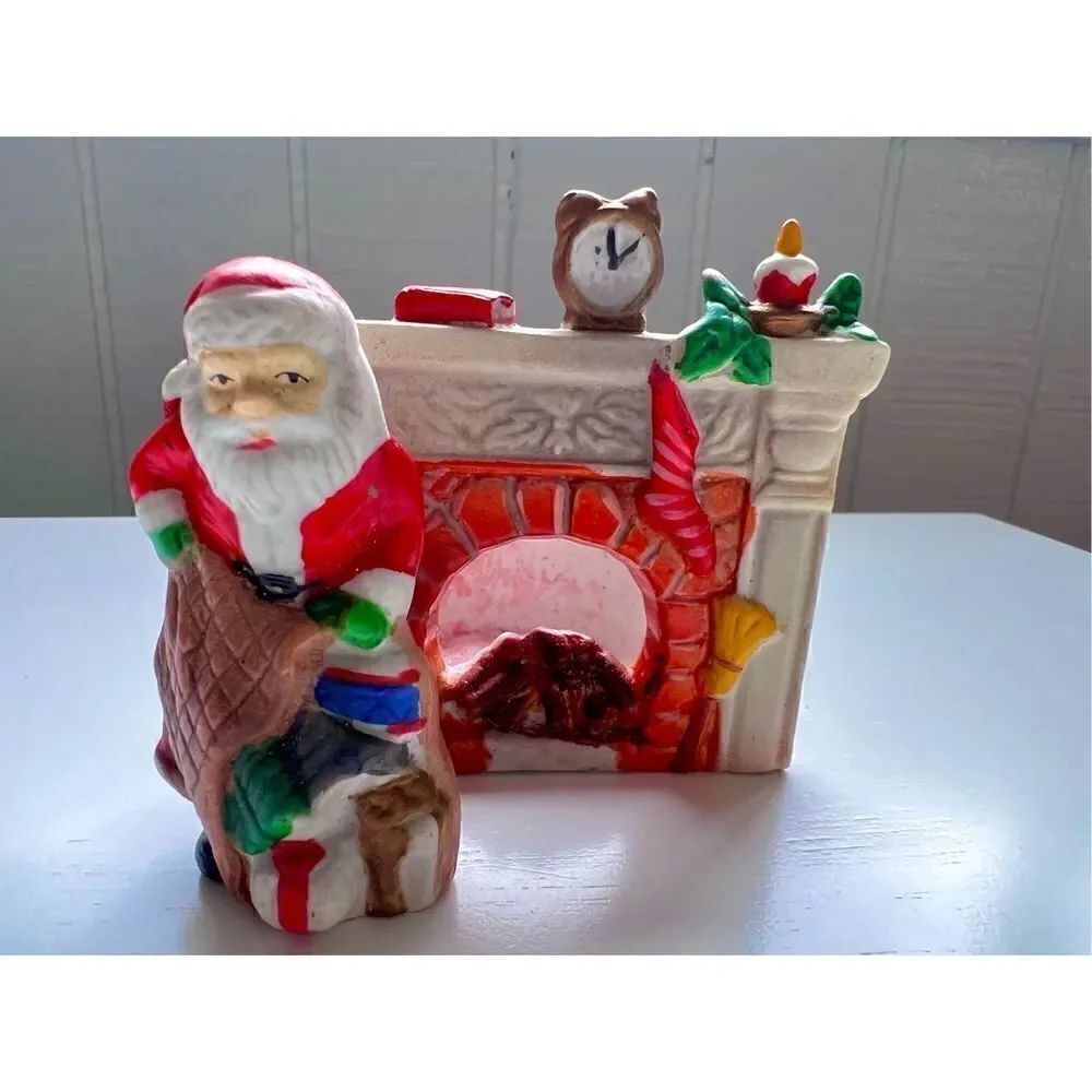 Vintage Ceramic Christmas Holiday Santa Claus At Fireplace Candle Holder